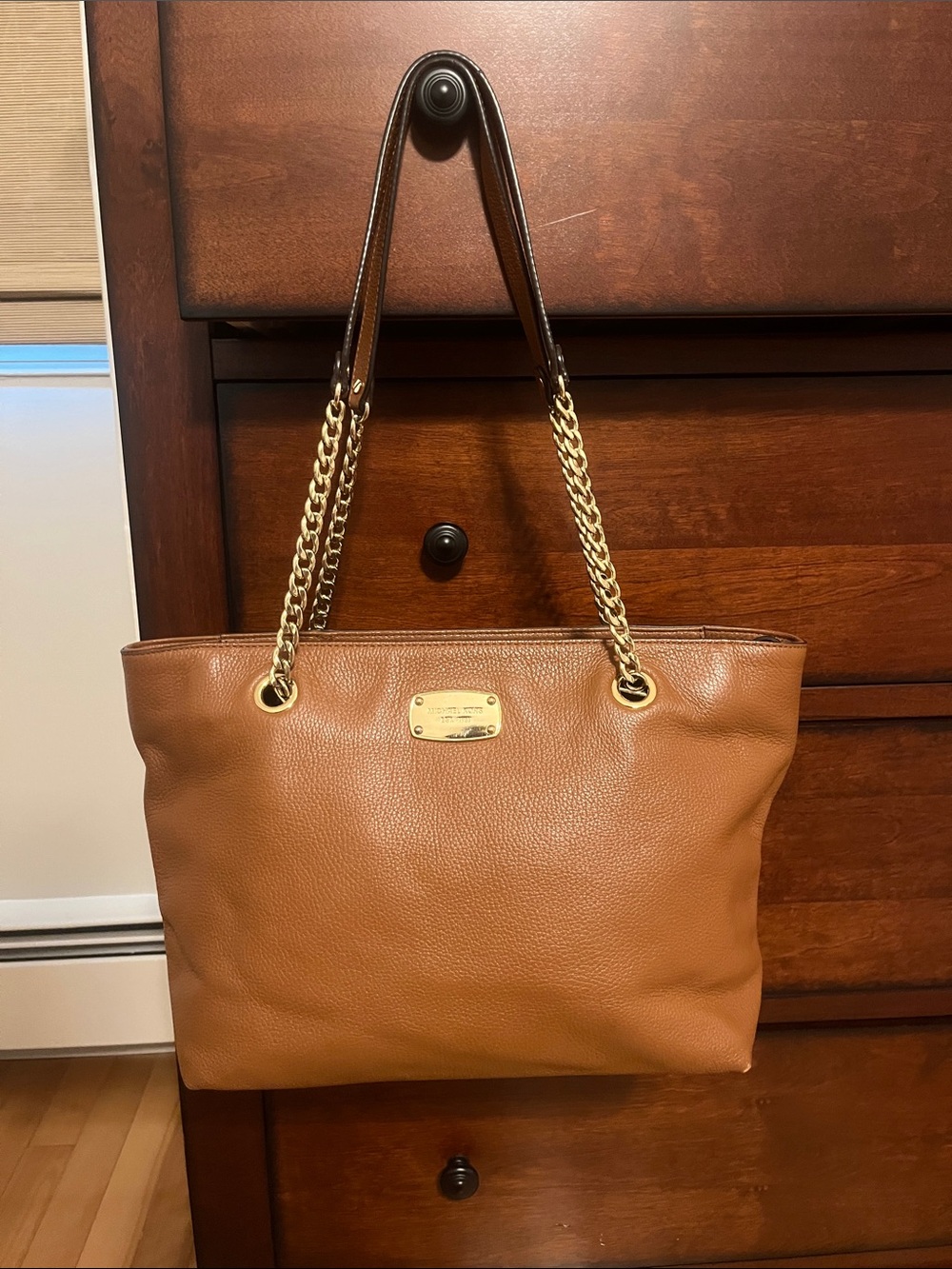 Michael Kors Classic Tan Pebbled Leather Tote with Gold Chain Straps